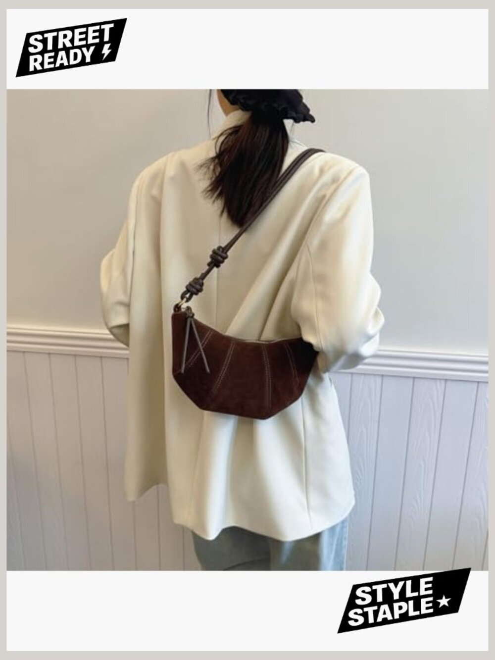 Faux Suede Crescent Crossbody Bag Mini Tote - Picture 3 of 7
